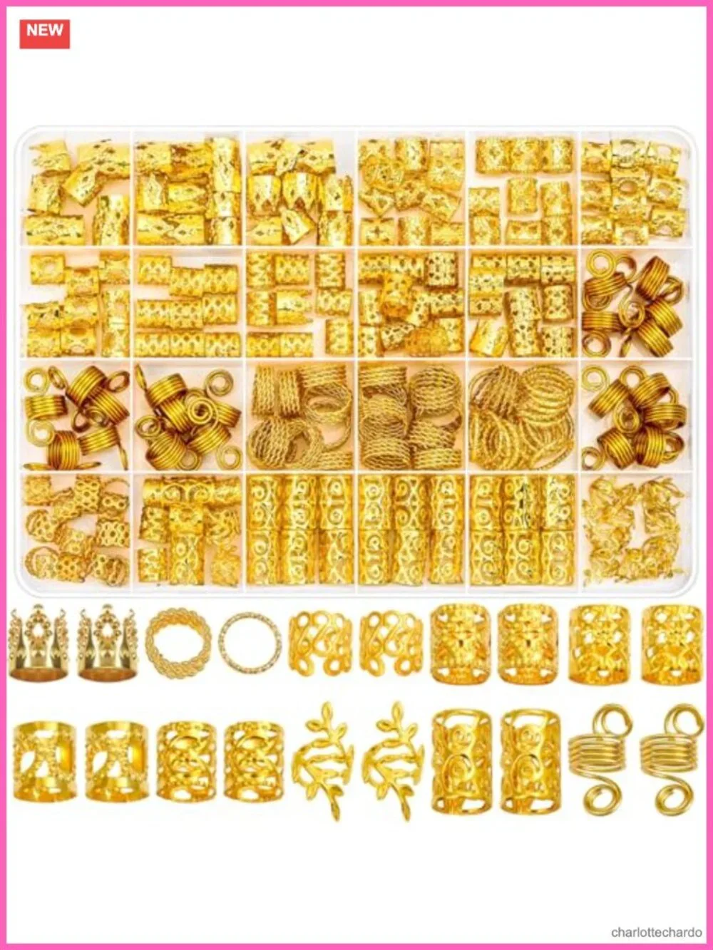 220 Pcs Gold Braid Hair Jewelry Dreadlock Accessories with Storage Box